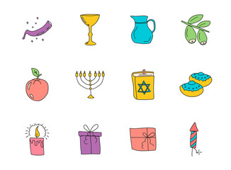 hanukkah doodles isolated on white. hanukkah icon set for web design, user interface, mobile apps and print