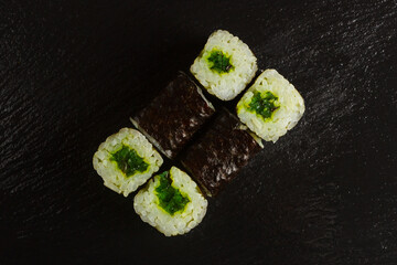 Japanese food: Set of salmon sushi and rolls