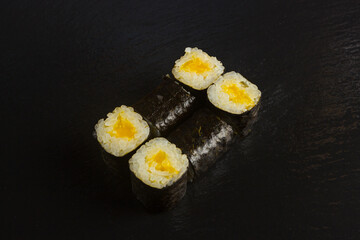 Japanese food: Set of salmon sushi and rolls