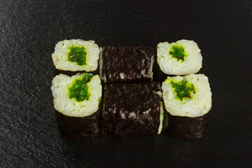Japanese food: Set of salmon sushi and rolls