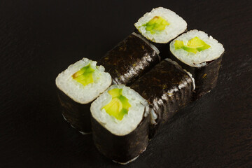 Japanese food: Set of salmon sushi and rolls