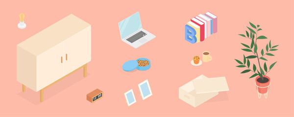 Office supplies set with laptop and furniture. Isometric vector illustration in flat design. Working from home, office, doing homework, school.
