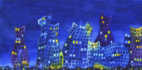 Night city skyscrapers in the look of cat silhouettes. Watercolor illustration