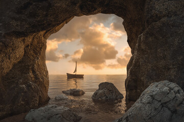 3d rendering of cliff cave with the view to abandoned boat in the evening sunlight - obrazy, fototapety, plakaty