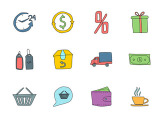 shopping hand drawn linear vector icons isolated on white background. shopping doodle icon set for web and ui design, mobile apps and print products