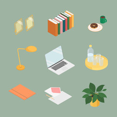 Office supplies set with laptop. Isometric vector illustration in flat design. Working from home, office, doing homework, school.
