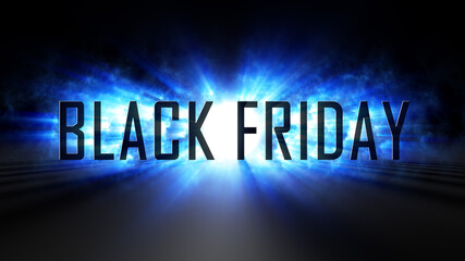 Attractive Black Friday Lettering With Misty Blue Shine 3D Light Rays And Shadow On The Floor