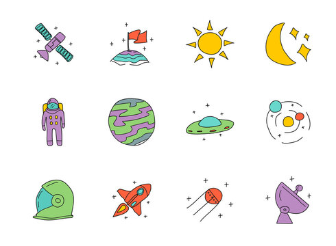 Space hand drawn linear vector icons isolated on white background. space doodle icon set for web and ui design, mobile apps and print products