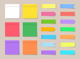 Adhesive stickers and blank colored sheets with grid squares and lines. Vector empty pages