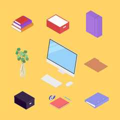 Office supplies set with computer. Isometric vector illustration in flat design. Working from home, office, doing homework, school.

