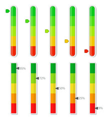 Level indicator meter with percentage units. Scoring progress vertical leveling diagram. Vector illustration color measurement on white background