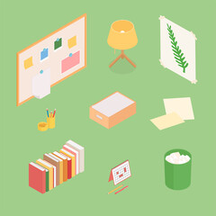 Office supplies set. Isometric vector illustration in flat design. Working from home, office, doing homework, school.
