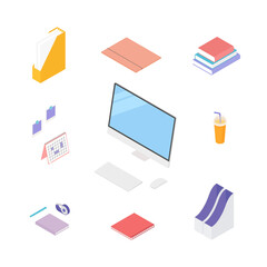 Office supplies set with computer. Isometric vector illustration in flat design. Working from home, office, doing homework, school.
