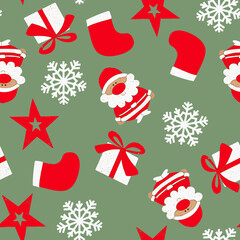 Christmas pattern - with red and white figurines of santa claus, star, gift, sock, snowflake on a green background