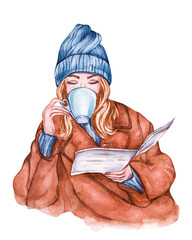 Watercolor girl with cup. Winter girl