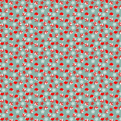 Christmas pattern - with red and white figurines of santa claus, star, gift, sock, snowflake on a green background