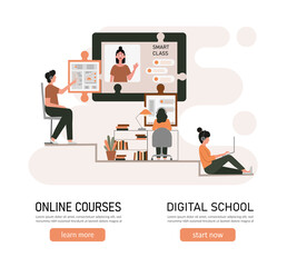 E-learning, online education at home concept.
Distance education, online courses, tutorials, webinar, digital classroom, online teaching metaphors. Flat vector illustration, isolated objects.