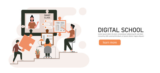 E-learning, online education at home concept.
Distance education, online courses, tutorials, webinar, digital classroom, online teaching metaphors. Flat vector illustration, isolated objects.