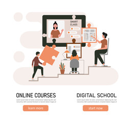 E-learning, online education at home concept.
Distance education, online courses, tutorials, webinar, digital classroom, online teaching metaphors. Flat vector illustration, isolated objects.