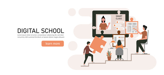 E-learning, online education at home concept.
Distance education, online courses, tutorials, webinar, digital classroom, online teaching metaphors. Flat vector illustration, isolated objects.