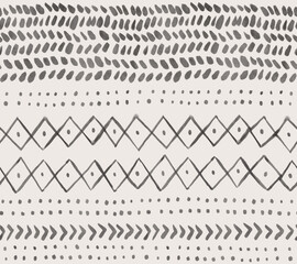 Trendy Boho abstract seamless pattern hand painted with watercolor. Loose ethnic geometric in black and natural white. - 392620191