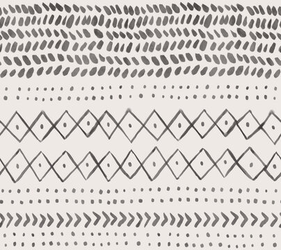Trendy Boho abstract seamless pattern hand painted with watercolor. Loose ethnic geometric in black and natural white.