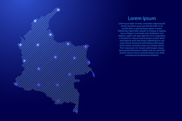 Colombia map from blue pattern slanted parallel lines and glowing space stars grid. Vector illustration.