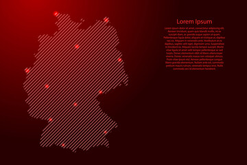 Germany map from red pattern slanted parallel lines and glowing space stars grid. Vector illustration.