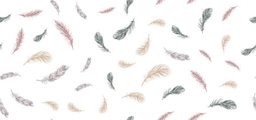 Set of bird feathers. Hand drawn sketch style.