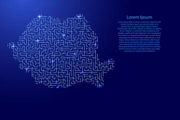 Romania map from blue pattern of the maze grid and glowing space stars grid. Vector illustration.