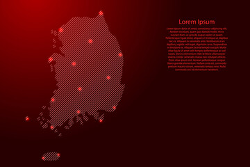 South Korea map from red pattern slanted parallel lines and glowing space stars grid. Vector illustration.