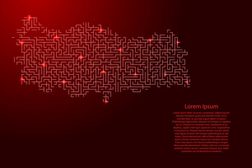 Turkey map from red pattern of the maze grid and glowing space stars grid. Vector illustration.