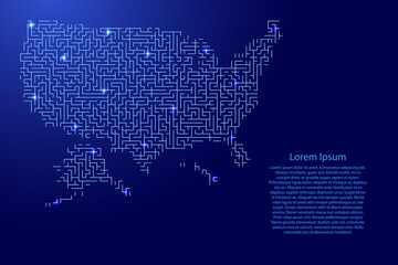 United States of America, USA map from blue pattern of the maze grid and glowing space stars grid. Vector illustration.