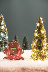 Chrismtas Greeting Card. Funny Family by Illuminated Christmas Tree in Snow