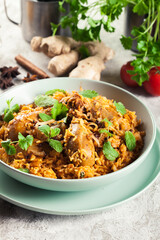 Delicious chicken biryani in a bowl