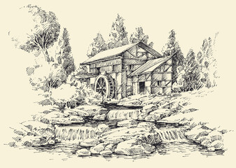 Watermill and river idyllic landscape hand drawing - 392621314