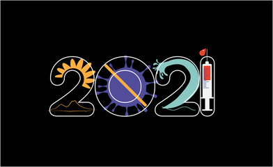 2021 Happy New Year logo text design. 2021 number design template. Collection of 2021 happy new year symbols, vaccine against coronavirus, happy 2021 year. Vector illustration with black labels 