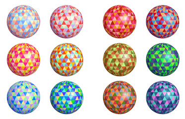 Set of decorative volumetric balls for Christmas tree, New Year packaging, banners, cards, logos, covers. Bright realistic round colorful and shining toys for holidays or parties. Isolated on white