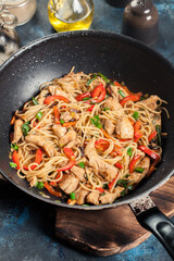 Chicken chow mein. Fried noodles with chicken and vegetables