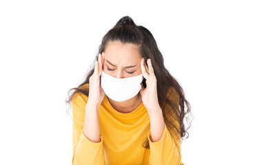 Stress Worry Asian woman wearing hygienic mask to prevent infection corona virus Air pollution pm2.5 she wearing a yellow sweater shoot in isolated on white background