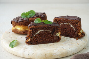 A view of slices heavenly chocolate cheese cake with mint leaves for garnish in marble board and grainy texture background  