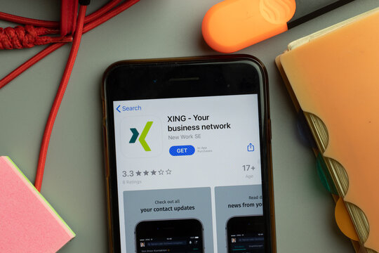 New York, United States - 7 November 2020: XING Business Network app store logo on phone screen, Illustrative Editorial