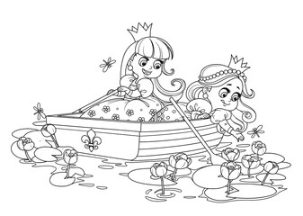 Two cute princesses are floating in a boat and tearing yellow water lilies outlined for coloring book