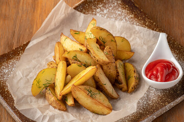 Fried potato slices with dill served on paper on a wooden table