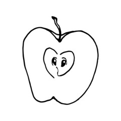 Apple slice, black outline on a white background. Linear vector drawing. Element for the design of cards, prints, textiles and background.