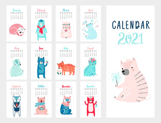 Calendar 2021. Monthly calendar with cute