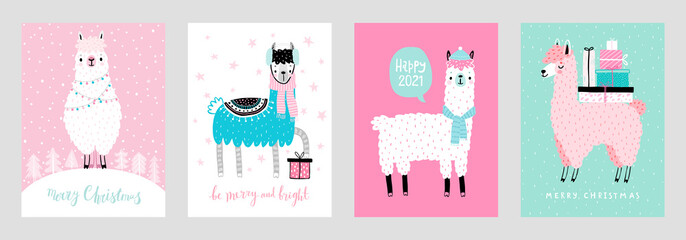 Christmas cards with Cute Llamas celebrating Christmas eve, handwritten letterings and other elements.