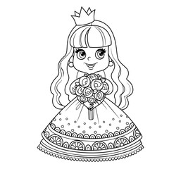 Cute princess in lush dress holding a bouquet of roses in hands outlined for coloring book