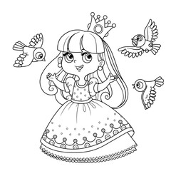 Cute princess sings for birds outlined for coloring book