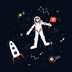 Female astronaut in space. Cute hand drawn vector illustration with different elements